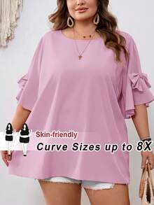 SHEIN CURVE+ Curve 尺码 US22 音乐节、海滨度假、波西米亚风女士蝴蝶结装饰圆领紫红色衬衫，夏季 - 淡紫色 - 查看 7