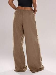 Women's Solid Color Drawstring Waist Casual Versatile Daily Wear Pants Oversize Pants For Women Loose Pants For Women - Coffee Brown - View 3