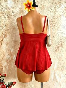 Swim Lushoire Áo tắm tankini hai dây kiểu dáng tối giản dành cho phụ nữ cỡ lớn, chất liệu vải gợn sóng, phong cách Châu Âu và Mỹ, dành cho người trưởng thành. - Đỏ - Xem 7