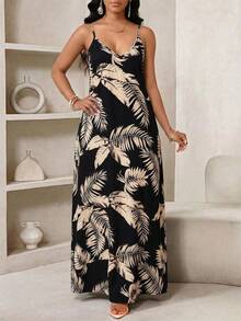 SHEIN Lady 大码夏季度假树叶印花露背吊带裙 - 彩色 - 查看 1