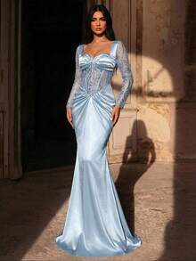 Glamrae Elegant Beaded & Sequin Patchwork Elastic Knit Ruched Mermaid Dress With Sheer Sleeves,Luxurious Heavily Embellished Gown For Wedding,Party & Formal - Baby Blue - View 5