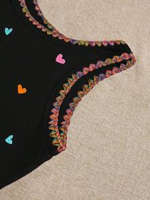 Resyla Chili Pepper Embroidery Design Women's Vest, Fashionable Colorful Shell Trim Camisole Top - Black - View 5