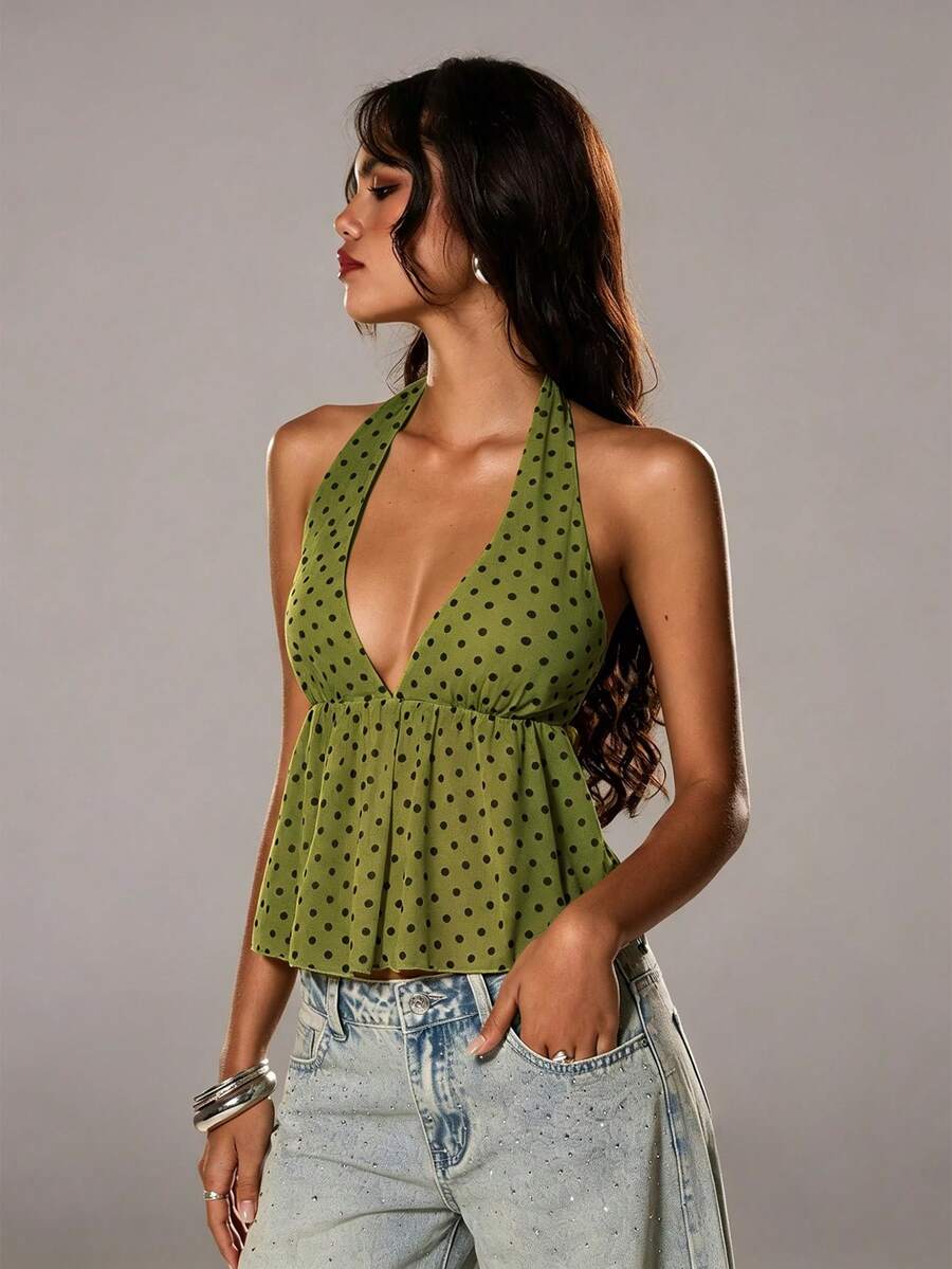 TRNVIE Elegant Polka Dot V-Neck Halter Neck Tank Top For Women, Spring/Summer - Green - View 1