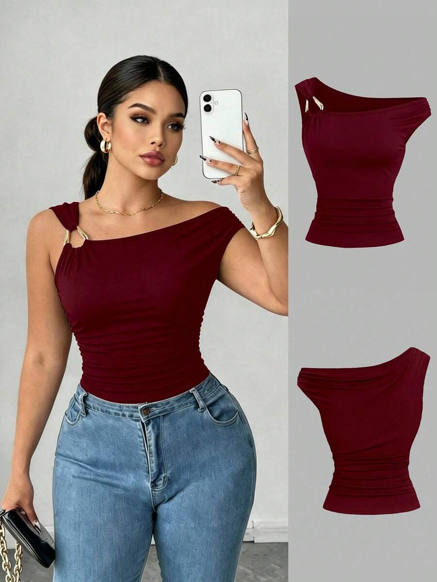 Elenzga 大码不对称领修身T恤，百搭休闲上衣，春夏款 - 酒紅色 - 查看 1