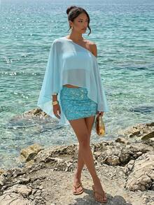 SHEIN Glamour 女款淺藍色透明雪紡不對稱罩衫 防曬披肩 希臘海灘 夏季熱帶度假旅行 - 藍色 - 查看 7