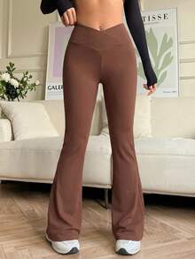 SHEIN EZwear Women's Solid Color Overlapping V-Waist Flare Pants - Brown - View 3