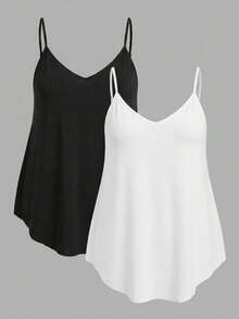 SHEIN EZwear Plus Size Solid Color Spaghetti Strap Casual Summer Curved Hem Daily Wear Tank Top Zipper Top Black And White Tops Women Cami Tops For Women - Black and White - View 1