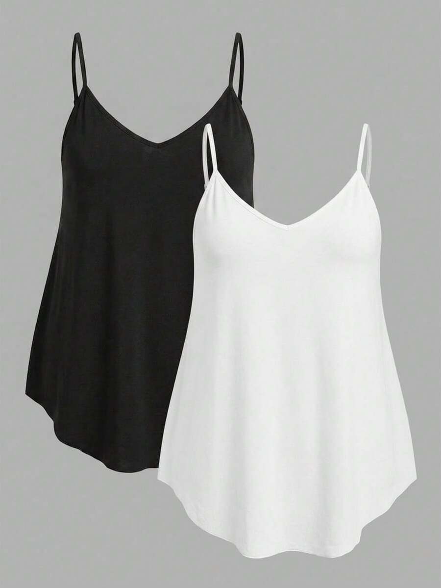 SHEIN EZwear Plus Size Solid Color Spaghetti Strap Casual Summer Curved Hem Daily Wear Tank Top Zipper Top Black And White Tops Women Cami Tops For Women - Black and White - View 1