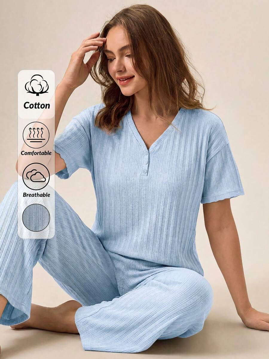 Loomlin 2Pcs/Women's Button Details And Lettuce Trim Detail Homewear Lounge Set - Baby Blue - View 1