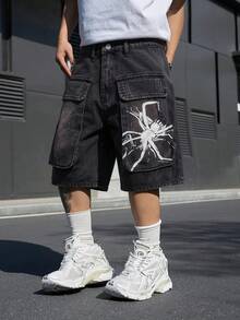 Manfinity EMRG 男士蜘蛛印花工装牛仔短裤 - 黑色 - 查看 5