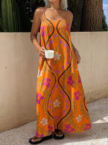 DAZY Sleeveless Loose Long Dress, Women Summer Nightgown - Coral Orange - View 3