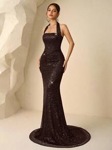 Coutiva Elegant Sequined Halter Neck Slim Fit Party Dress,Suitable For Cocktail,Birthday,Graduation,Wedding Guest,Dinner Dress - Brown - View 6