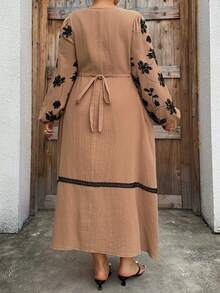 Dazy Plus Plus Size Drawstring Tie Tassel Decor Embroidered Pattern Loose Long Lantern Sleeve Home Dress, Spring/Summer Nightgown Pajamas - Khaki - View 2