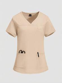 TaskEZ Solid Color Short Sleeve Pocket Top And Pants Scrub Uniform Set - Apricot - View 6