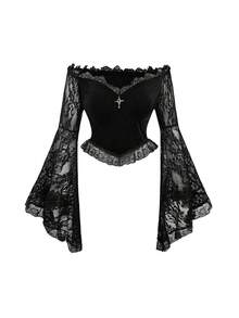 Áo thun nhung bó sát tay loe ren hở vai phong cách Gothic dành cho nữ - màu đen - Xem 1