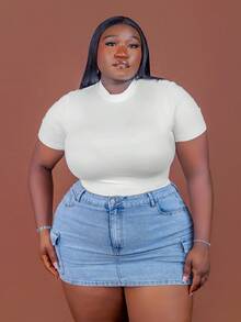CurvyTilda Plus Size Women's Cargo Pocket Casual Denim Mini Skirt Cargo Skirt Skirts With Pockets Jean Skirt Denim Skirt, Fall Clothes For Women, For Hourglass Body Shape, For Body Shape, For Summer - Blue - View 4