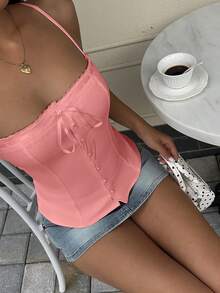 K-Vae 女士白色夏季蕾丝边吊带背心，优雅蝴蝶结前扣吊带背心，紧身吊带背心 - 粉色 - 查看 3