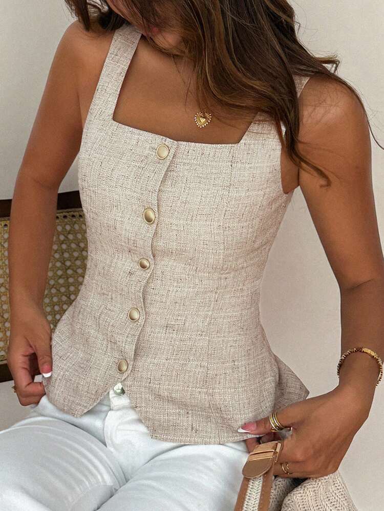 Women's Solid Color Square Neck Sleeveless Vest, Elegant Summer Vacation Top