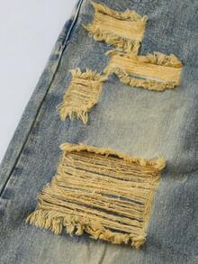 Tween Girls' Retro Casual Fashionable Blue Distressed Patch Five-Pointed Star Embroidery Straight Leg Jeans, Vacation & Leisure Style - Blue - View 3