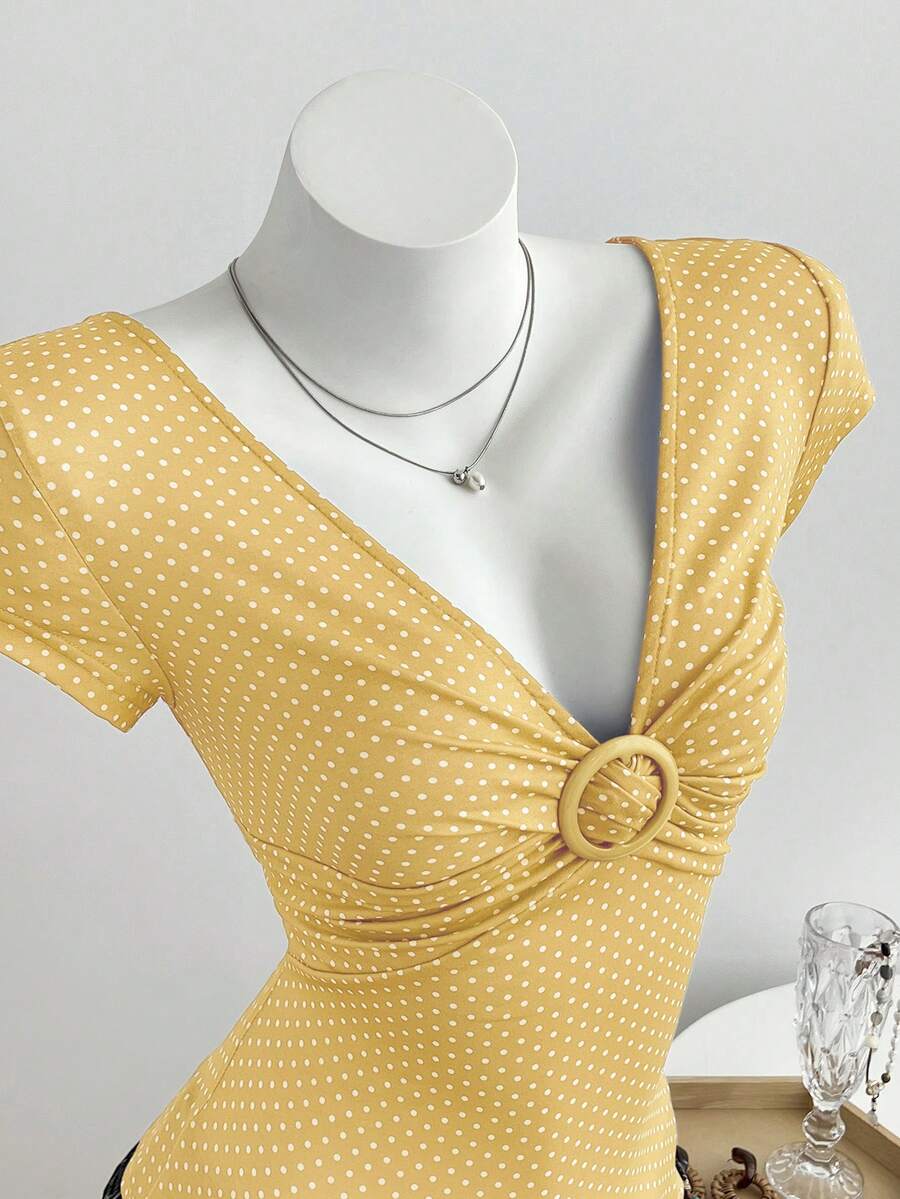Elamini Women's T-Shirt With Deep V-Neck, Ruched Detailing, And Knit Polka Dot Pattern - Yellow - View 1