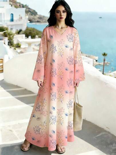 SHEIN Najma Ditsy Floral V-Neck Long Sleeve Maxi Dress, Elegant Gradient Floral Maxi Dress, Spring/Summer Fashion