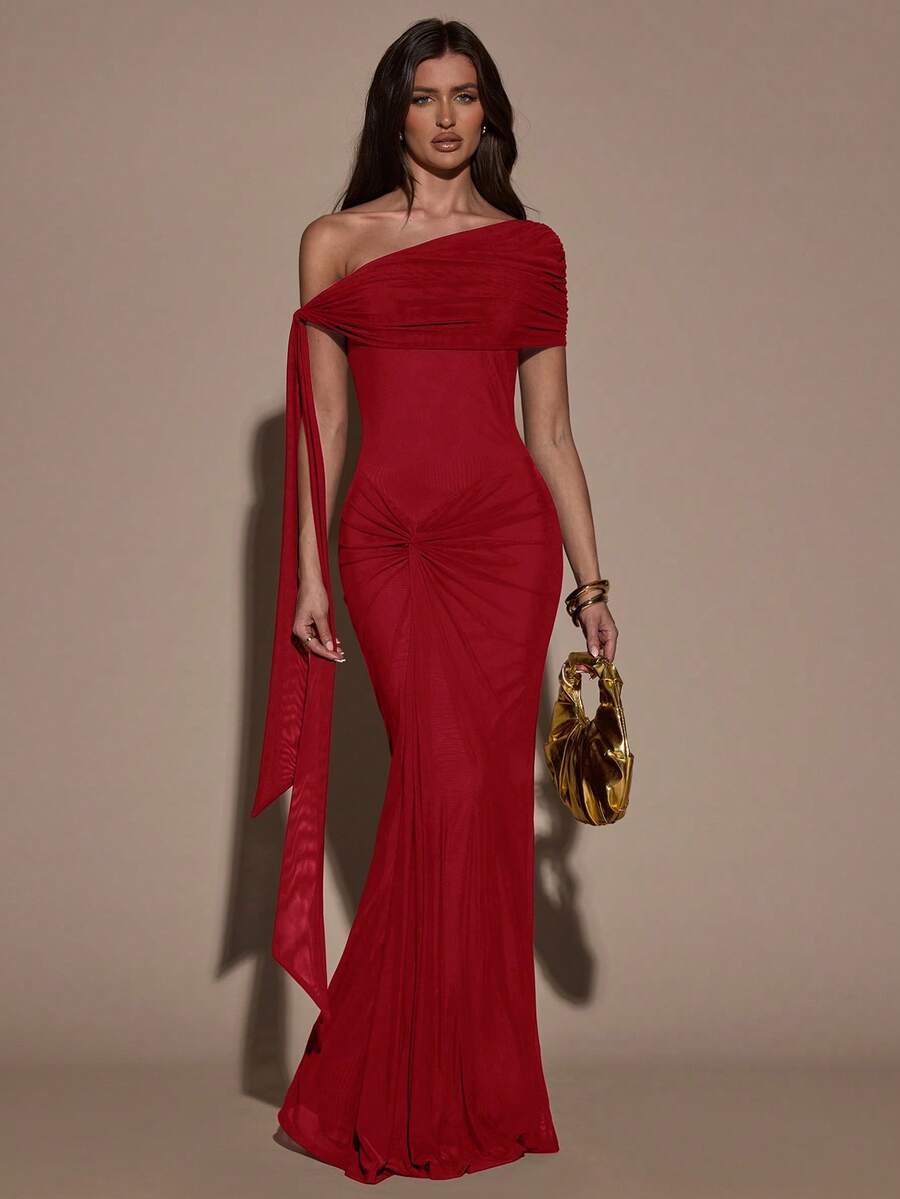SHEIN BAE 女士时尚优雅褶皱鱼尾下摆单肩系带连衣裙 - 紅色 - 查看 1