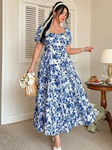 FleurLily Rochie de damă mărime plus, imprimeu floral albastru elegant, decolteu pătrat și mâneci bufante, rochie maxi în linie A cu volane și talie strânsă, rochie de vacanță, rochie versatilă la modă pentru petreceri în grădină - Albastru - Vizualizare 5