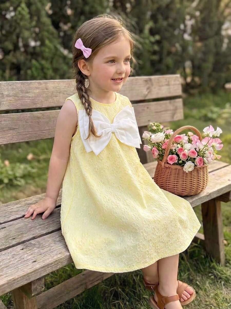 SHEIN Đầm thanh lịch thắt nơ phía trước cho bé gái, mùa hè - Xanh và trắng - Xem 1