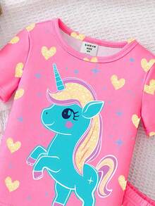 2pcs/Set Toddler Girls' Unicorn & Star Print Short Sleeve Top And Shorts, Knit Stretchy Fabric, Comfortable Soft Glow-In-The-Dark Pajamas For Summer - Pink - View 4