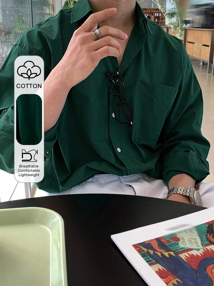 Men's Green Button-Front Casual Versatile Long Sleeve Shirt, Spring