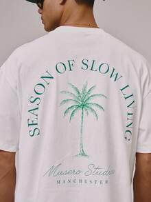 Oversized Crew Neck Short Sleeve Dropped Shoulder Large Back MUSERO STUDIOS Graphic Print Tshirt Spring Summer Holiday Essentials - White - View 6