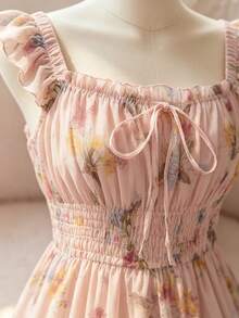 Qadelle Vestido de gasa con estampado floral diminuto, de línea A, con cuello de volantes, tirantes finos, cintura recogida y bajo con vuelo, elegante, cómodo y romántico para mujer - Rosa - Ver 4