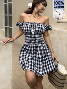 Serisse Women's Fashion 100 Cotton Tie-Up Plaid Shirred Dress, Versatile For Vacation,Cute Gingham Square Neck Puff Sleeve Shirred Waist A-Line Mini Dress - Multicolor - View 11