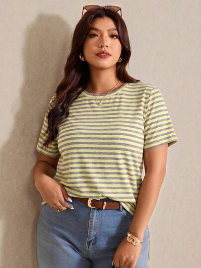 Elaquor Plus Size Vacation Color Block Striped Casual Summer Short T-Shirt