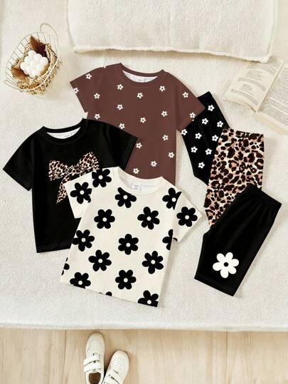 3pcs/Set Baby Girls Summer Outfits, Floral Print & Vintage Leopard Bow Short Sleeve T-Shirt And Bike Shorts Set, Versatile Black, White And Brown Matching Suit, Summer Wear