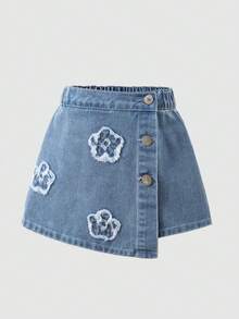 Playful Pals 女童时尚不对称纽扣前开襟舒适松紧腰卡通彩虹毛毛虫刺绣裙裤，百搭又可爱 - 淺色水洗藍 - 查看 1