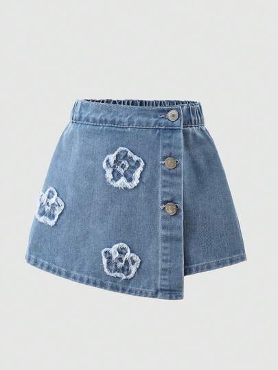 SHEIN Playful Pals 女童时尚不对称纽扣前开襟舒适松紧腰卡通彩虹毛毛虫刺绣裙裤，百搭又可爱