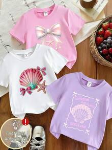 3件套女童夏季海洋奇幻印花T恤组合，贝壳、蝴蝶、海星印花，甜美粉色、紫色、白色，休闲舒适日常穿着，简约圆领女童上衣 - 紫色 - 查看 2