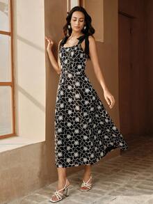 Anewsta Đầm dài ngang gối thanh lịch họa tiết hoa dành cho nữ, thích hợp cho mùa hè. - màu đen - Xem 8