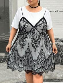 SHEIN CURVE+ 大码女式蕾丝拼接连衣裙，假两件式连衣裙，女士休闲连衣裙，2026款连衣裙 - 黑與白 - 查看 6