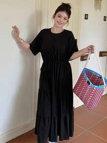 Dazy Plus Plus Size Women Solid Color Round Neck Pleated Casual Vacation Date Dress Sun Dresses For Women Summer - Black - View 7