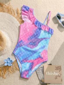 SHEIN Tween Girl Mermaid Scale Print Ruffle One-Piece Swimsuit  Mermaid One Piece Swimsuit For Girls Bathing Suit For Girls Bathing Suit For Tweens Bathing Suits For Teens Full Coverage Tween Bathing Suits One Piece  Mermaid  Squishy - Multicolor - View 2