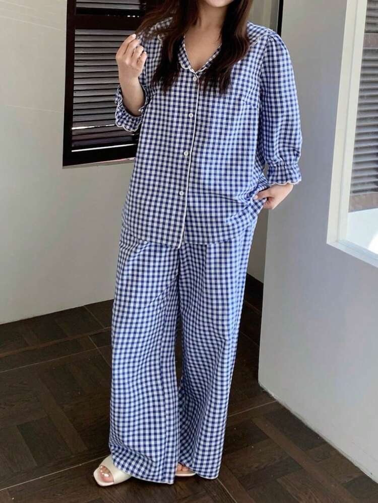 Dazy Plus 2pcs Plaid Peter Pan Collar Cute Loose Flare Sleeve Top And Loose Long Pants Pajama Set, Plus Size Women Home Wear, Spring/Summer