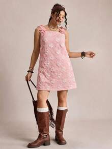 SHEIN LUNE Plus Size Summer Casual Jacquard 3D Floral Decor Dress - Pink - View 4