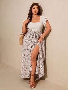 Elaquor Plus Size Casual Floral Patchwork Split Hem Dress - Red - View 5