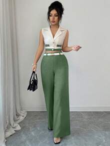 SHEIN Elenzya 女款優雅綠色與白色拼接配色無袖短版西裝外套與直筒長褲套裝，夏季辦公室專業穿搭，早午餐服飾 - 綠色 - 查看 5