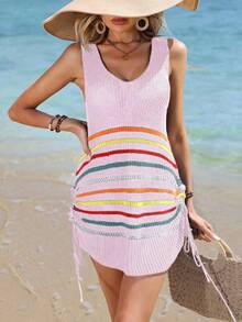 SHEIN Swim Vestido de playa de verano para mujer con diseño a rayas de bloques de color, cordón y volantes sin mangas - Rosa Pálido - Ver 7