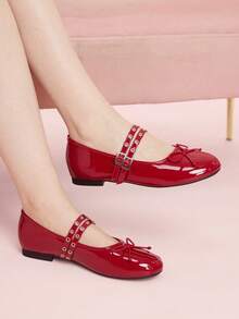 CUCCOO DOLLMOD Sepatu Wanita dengan Pita, Ujung Bulat, Sol Datar, Nyaman, Gaya Vintage, Satin, Warna Burgundy, Cocok untuk Kencan Sehari-hari - Merah - View 3