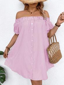 EMERY ROSE Plus Size Off-Shoulder Short Sleeve Striped Casual Loose Dress - Dusty Pink - View 3