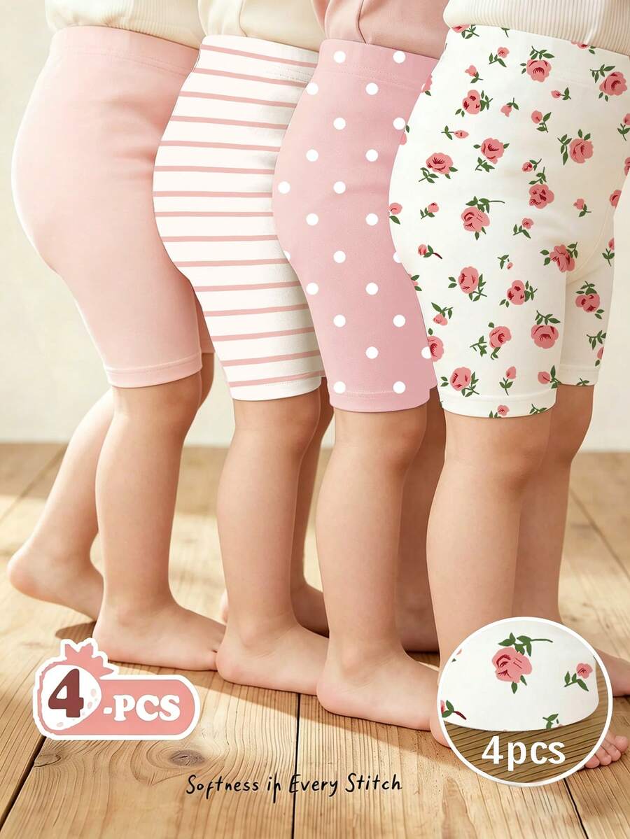 SHEIN Playful Pals 4件套女婴纯色弹力腰带打底裤/紧身裤/骑行短裤套装,适合6个月至2-3岁的宝宝,可爱甜美的色彩系列,包含花卉、条纹、波点等简约图案设计,春夏装扮,充满春日气息,清爽舒适,时尚女童套装,休闲服饰,儿童花卉图案服装,春夏套装,新款,清凉舒适,春夏休闲风 - 彩色 - 查看 1